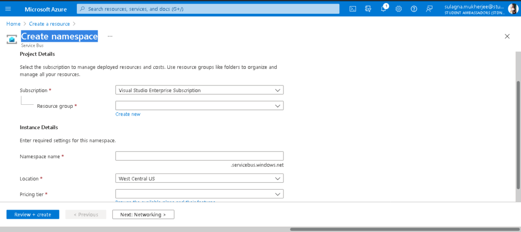 Create Namespace for Service Bus