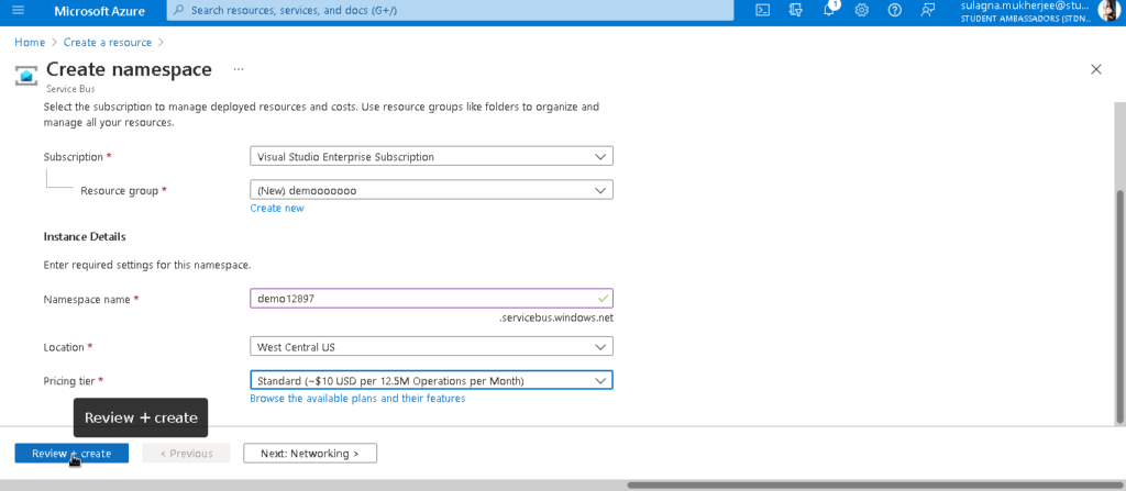Review and Create namespace for azure service bus 