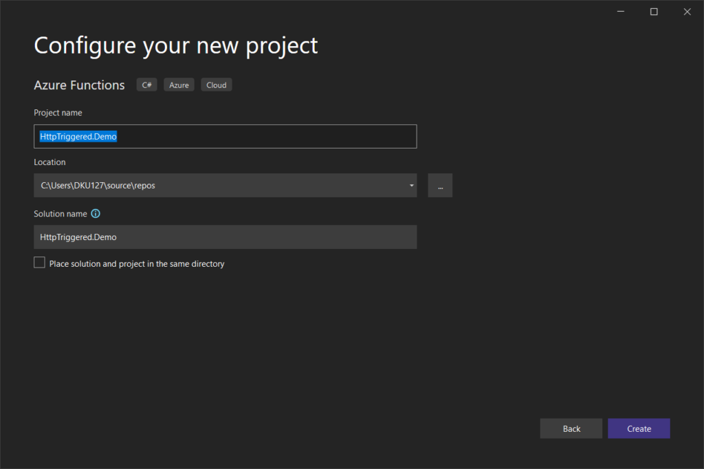 Project name and directory information on visual studio,Create Azure Function HTTP Trigger 