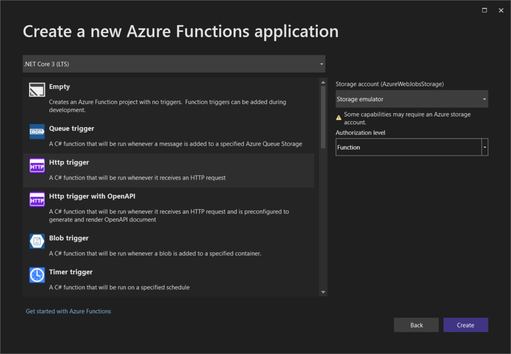 Select binding types in the azure function,Create Azure Function HTTP Trigger 