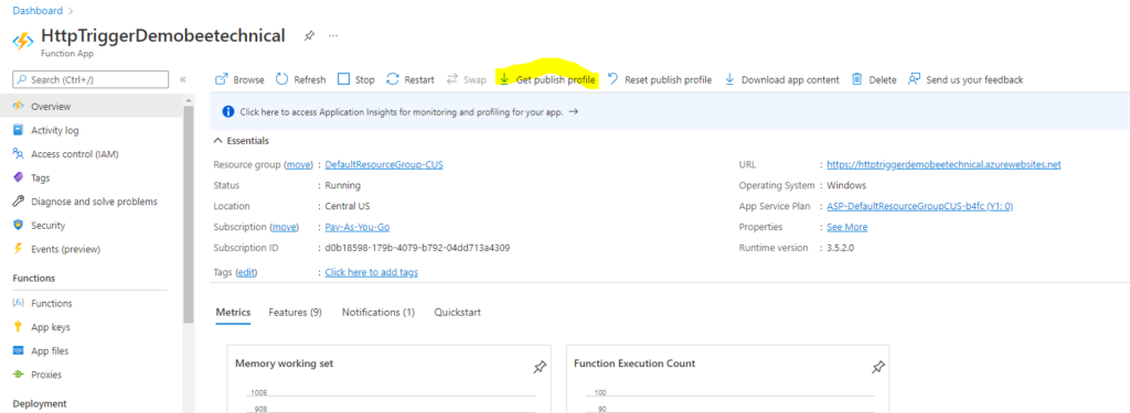 Get Publish Profile from Azure function