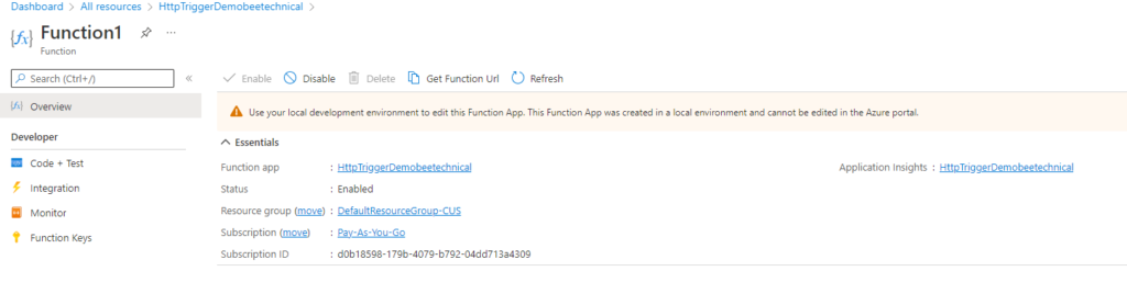 Detailed page of Azure Function