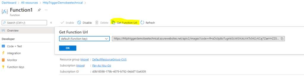 Get Function URL of Http triggered azure function